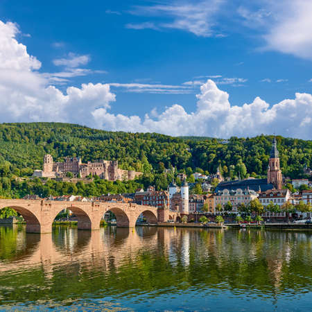 Heidelberg town with old Karl Theodor bridge and castle on Neckar river in Baden-Wurttemberg, Germanyのeditorial素材