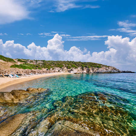 Beautiful beach and rocky coastline landscape, Sithonia, Greeceの写真素材
