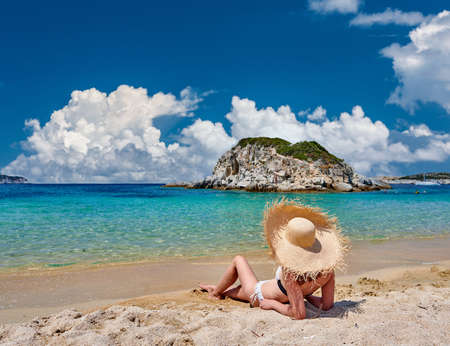 Woman in bikini on beach, Sithonia, Greeceの写真素材