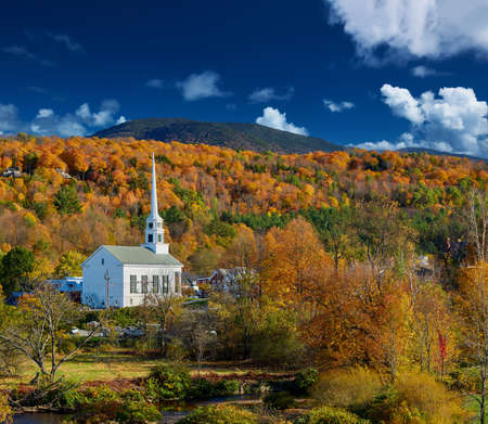 Iconic New England church in Stowe town at autumn in Vermont, USAの写真素材
