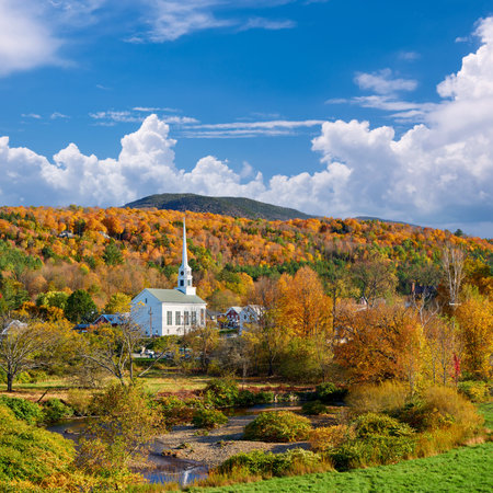 Iconic New England church in Stowe town at autumn in Vermont, USAの写真素材