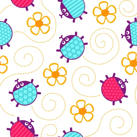 Crawling yellow ladybugs and flowers seamless vector pattern.のイラスト素材
