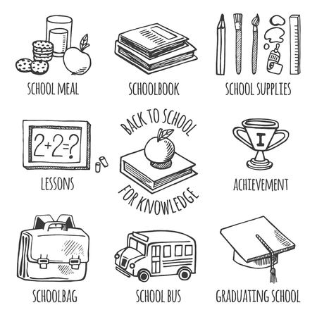 School tools sketch icons on white background isolation vector set. Background School.のイラスト素材