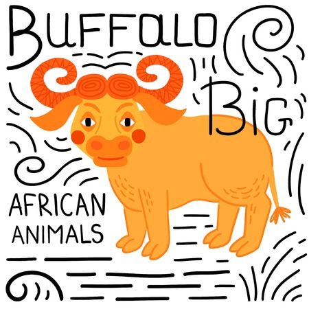 Buffalo with lettering on a white background isolated. African animals backgroundのイラスト素材