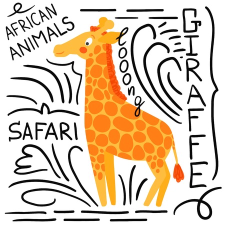 Orange giraffe with lettering on a white background isolated. African animals backgroundのイラスト素材