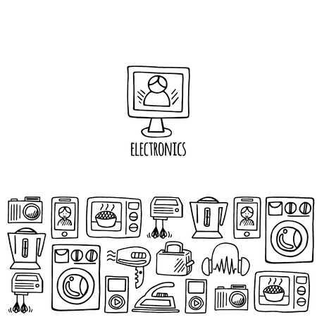 Home electronics sketch icons isolation white background vector horizontal banner. Electronics vector illustration backgroundのイラスト素材