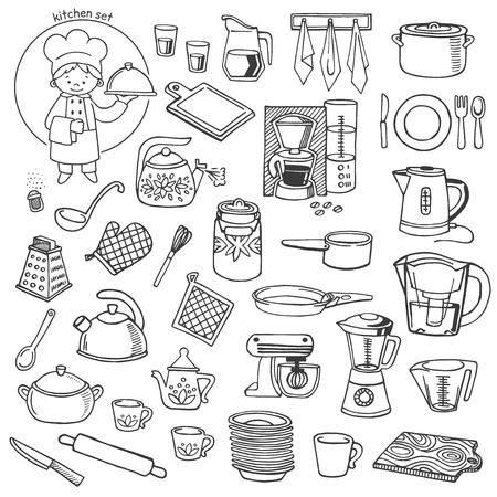 Kitchen utensils and appliances white and black vector icons set