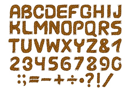 Rope alphabet and number brown of handwritten vector set.English alphabet. Marine backgroundのイラスト素材