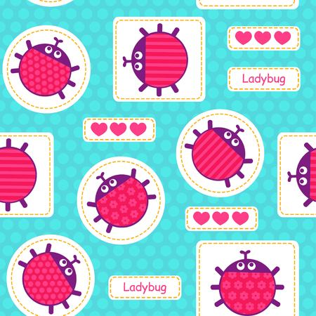 Patches with ladybirds and hearts on a turquoise background seamless vector patternのイラスト素材