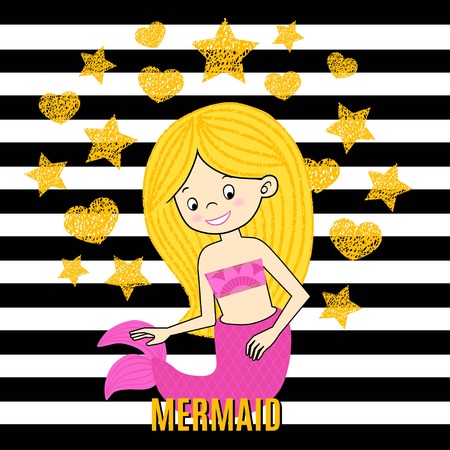 Mermaid white on black striped background vector illustration, T-shirt girl designのイラスト素材