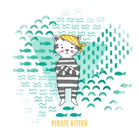 Cute kitten pirate, T-shirt girl design vector illustrationのイラスト素材