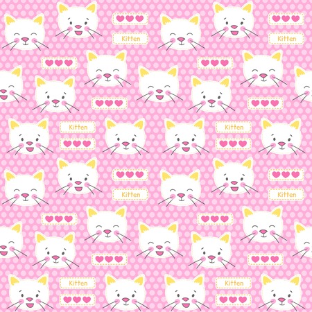 Patches with wheite kitten and hearts on a pink background seamless vector patternのイラスト素材