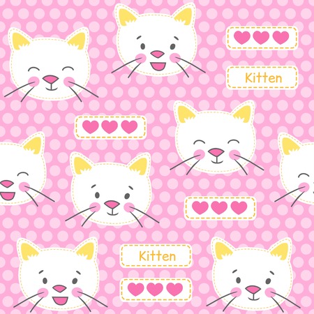 Patches with kitten and hearts seamless vector patternのイラスト素材