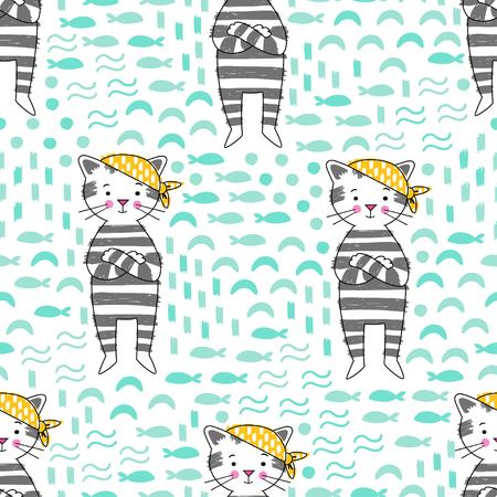 Cute kitten girl pirate vector seamless pattern. Marine style backgroundのイラスト素材