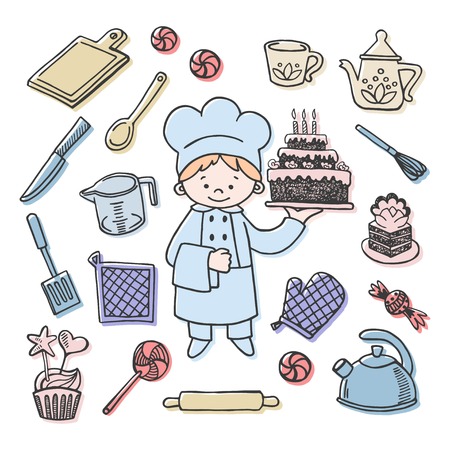 Confectioner tools color vector icons set. Profession backgroundのイラスト素材