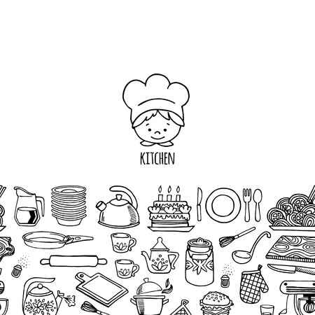 Kitchen utensils and appliance horizontal banner white and black vector. Background Kitchen.のイラスト素材