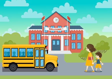 School building and yeollow bus and schoolchild vector  illustration. Welcom schoolのイラスト素材