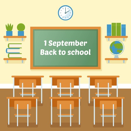 School classroom with chalkboard vector flat illustration. 1 September. Back to school background. First day of schoolのイラスト素材