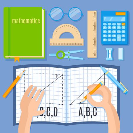 School and education mathematics flat vector illustration. Open notebook in hands. Math supplies.のイラスト素材