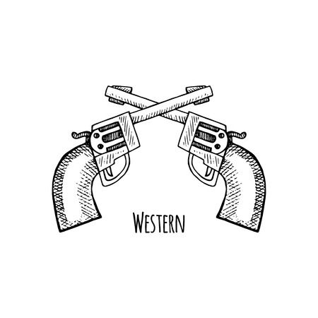 Western hand draw sketch revolvers vector. Western backgroundのイラスト素材