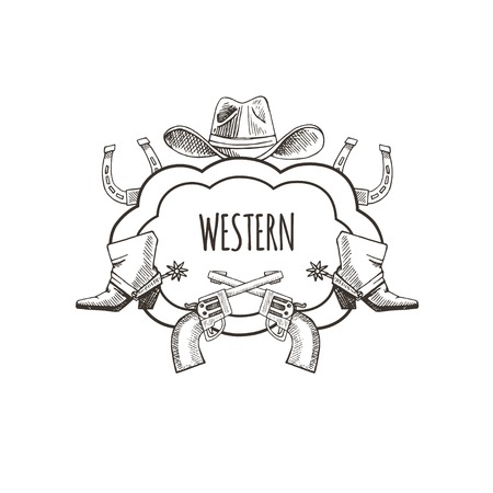 Western hand draw sketch vector frame. Western background.のイラスト素材