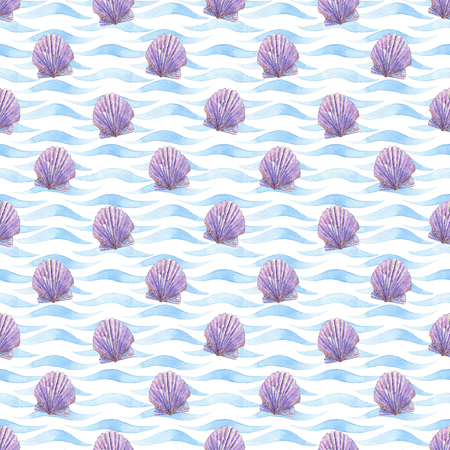 Shell watercolor raster seamless pattern.