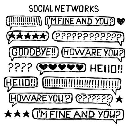 Messenger bubbles speak icons sketch vector set. Social media doodle backgraund.のイラスト素材