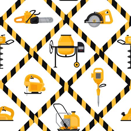 Construction Equipment vector seamless pattern. Circular saw vibrating rammer, electric disc gas drill, jackhammer, chainsaw, concrete mixer,のイラスト素材