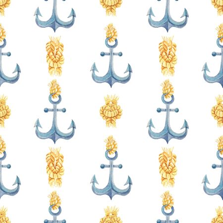 Anchor and rope watercolor hand painted seamless pattern.の写真素材