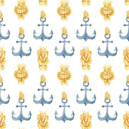 Anchor and rope watercolor hand painted seamless pattern.の写真素材