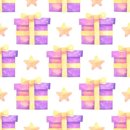 gift and star hand painted watercolor seamless pattern.の写真素材