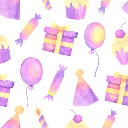 ballon and confetti hand painted watercolor seamless pattern.の写真素材