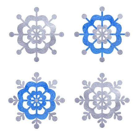 Blue and silver snowfloke watercolor hand painted set.の写真素材