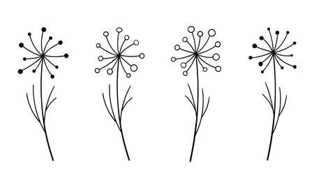 Dandelion lineart vector botanical illustration. Leaf and Flower sketch hand drawn set. Forest greeneryのイラスト素材
