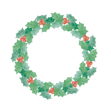 Holly wreath with berries watercolor clipart. Christmas sublimation design.の写真素材