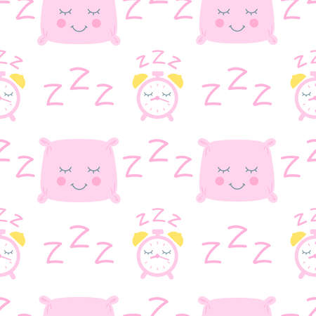 Bedtime seamless vector pattern. Sleeping pillow and clock and zzz for baby girl designのイラスト素材