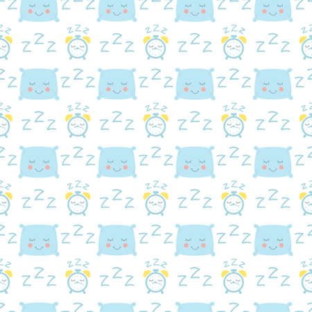 Bedtime seamless vector pattern. Sleeping pillow and clock zzz for baby boy design.のイラスト素材