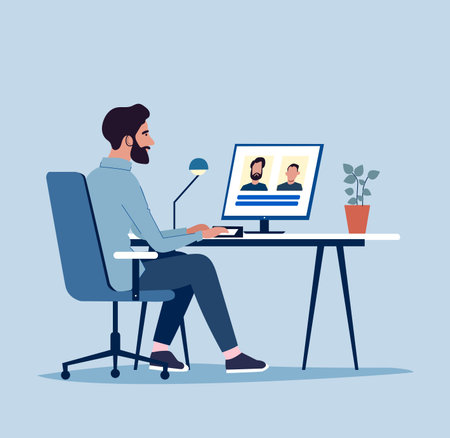 Man working on computer at home. Work from home concept. Vector illustration in flat styleのイラスト素材