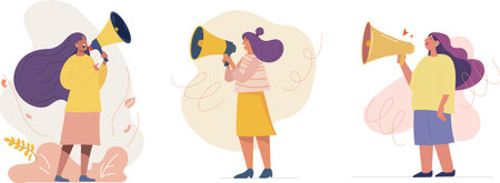 Set of vector illustrations of women speaking through megaphone. Female characters in flat style.のイラスト素材