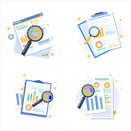 Set of flat design vector illustration concepts for business analysis and planning, consulting, team work, project management, financial reporteting research and strategy.のイラスト素材