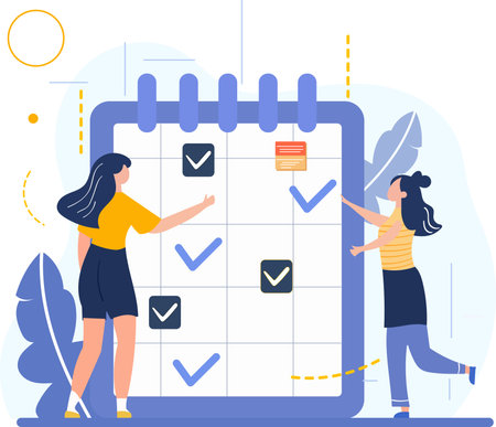 Checklist concept. Vector illustration in flat style. Man and woman with checklist.のイラスト素材