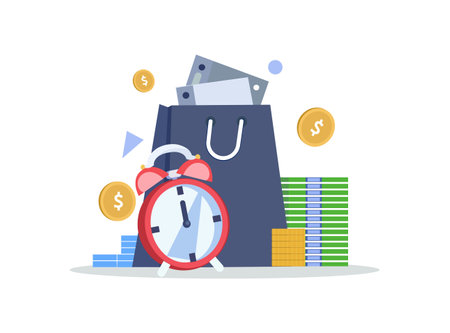 Money bag and alarm clock. Vector illustration in a flat style.のイラスト素材