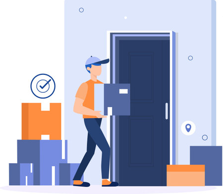 Delivery man with boxes in the door. Flat design vector illustration.のイラスト素材