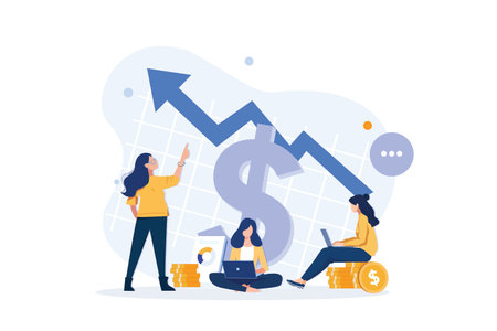 Flat design vector illustration concept of business and finance analysis. People with laptop, coins and growth chart.のイラスト素材