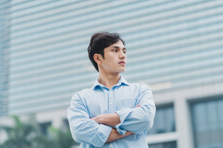 Asian businessman portrait with buildingの写真素材