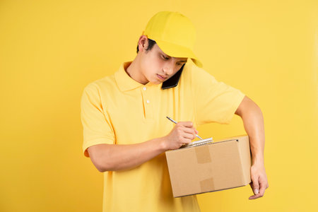 Portrait of delivery male holding cargo box and using phone on yellow backgroundの写真素材
