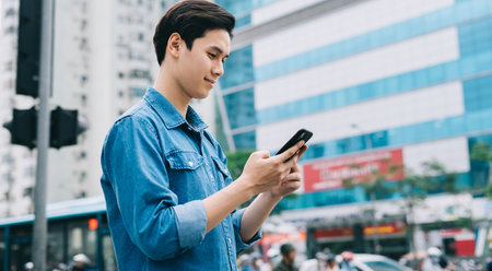 Young Asian man walking and using smartphone on the streetの写真素材