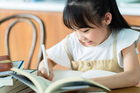 Asian child studying at homeの写真素材