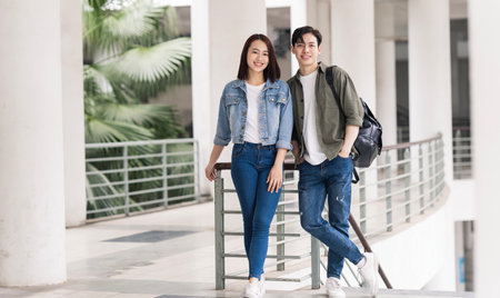 Photo of young Asian couple outdoorの写真素材