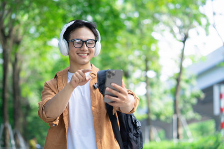 Portrait of young Asian man outsideの写真素材